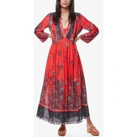 If You Only Knew Free People Boho Maxi Dress Floral Paisley Print Long Sleeve Wo - Picture 1 of 10